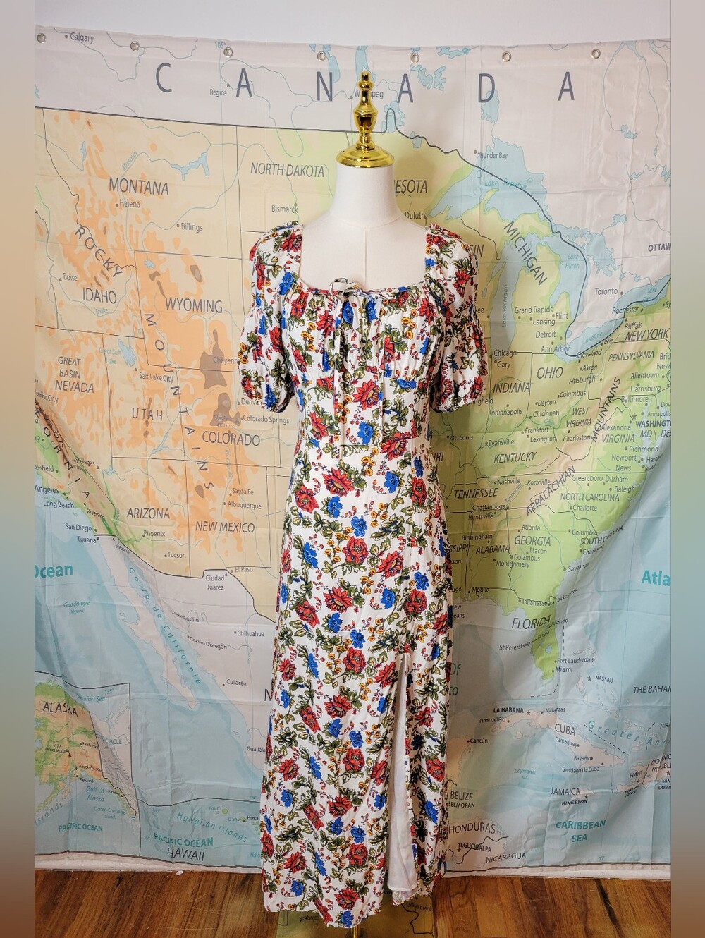 Rock&Roll Denim Floral Puff-Sleeve Maxi Dress in White with Red & Blue Blooms